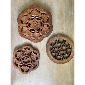 Mix of 3 Wood Serving Trivets With Carved Design Vintage Kitchen Wall Decor